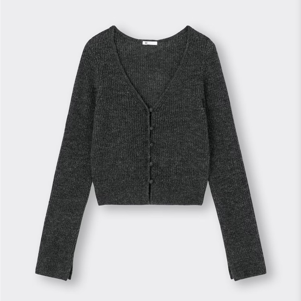 GU Short Fuzzy Sweater Cardigan Dark Gray